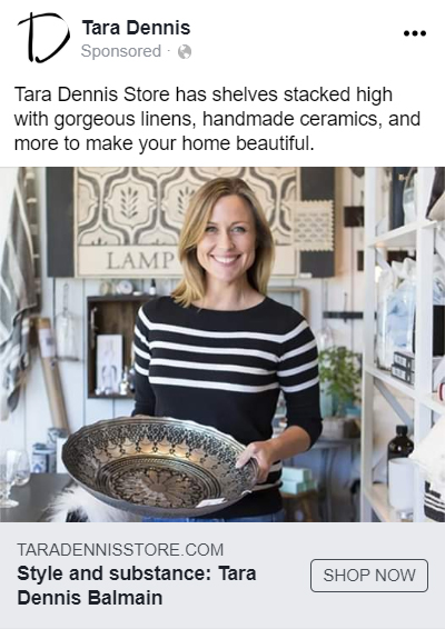 Tara Dennis Store Facebook Ad